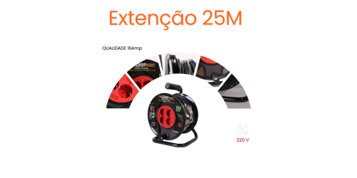 Extensão elétrica, 25m, 3*1,5mm, com enrolador, 4 tomadas